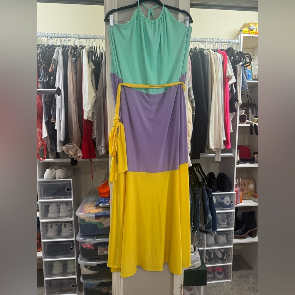 Ashley Stewart Green and Purple Sleeveless Sundress Maxi
